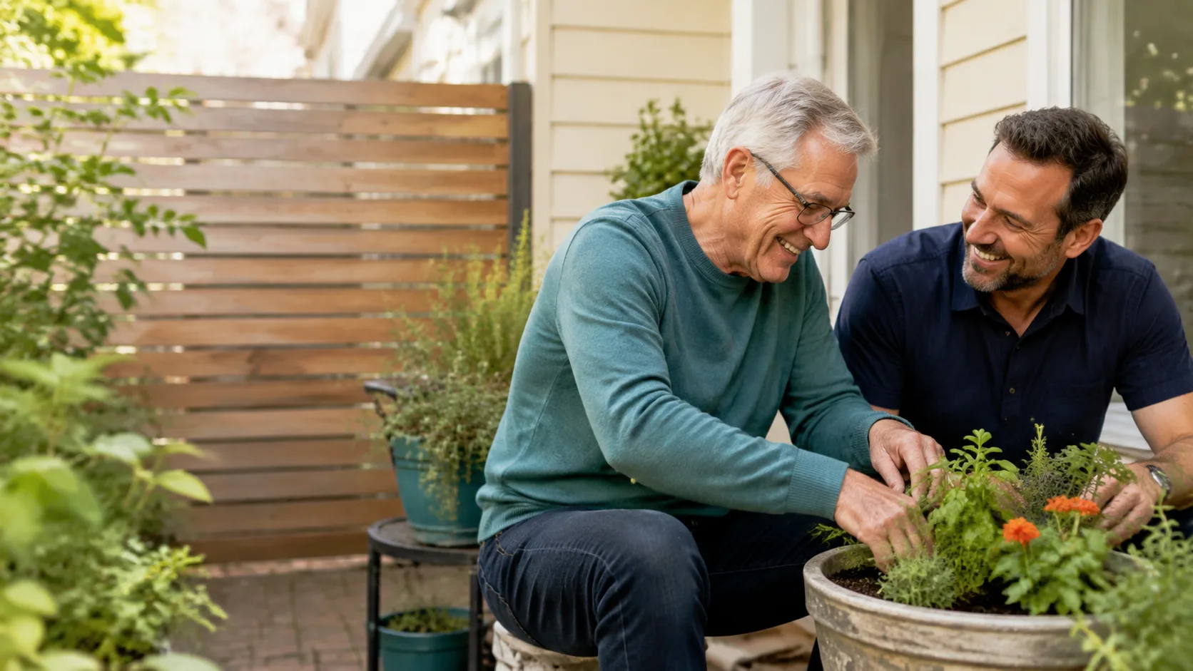 An older man gardening with a companion caregiver