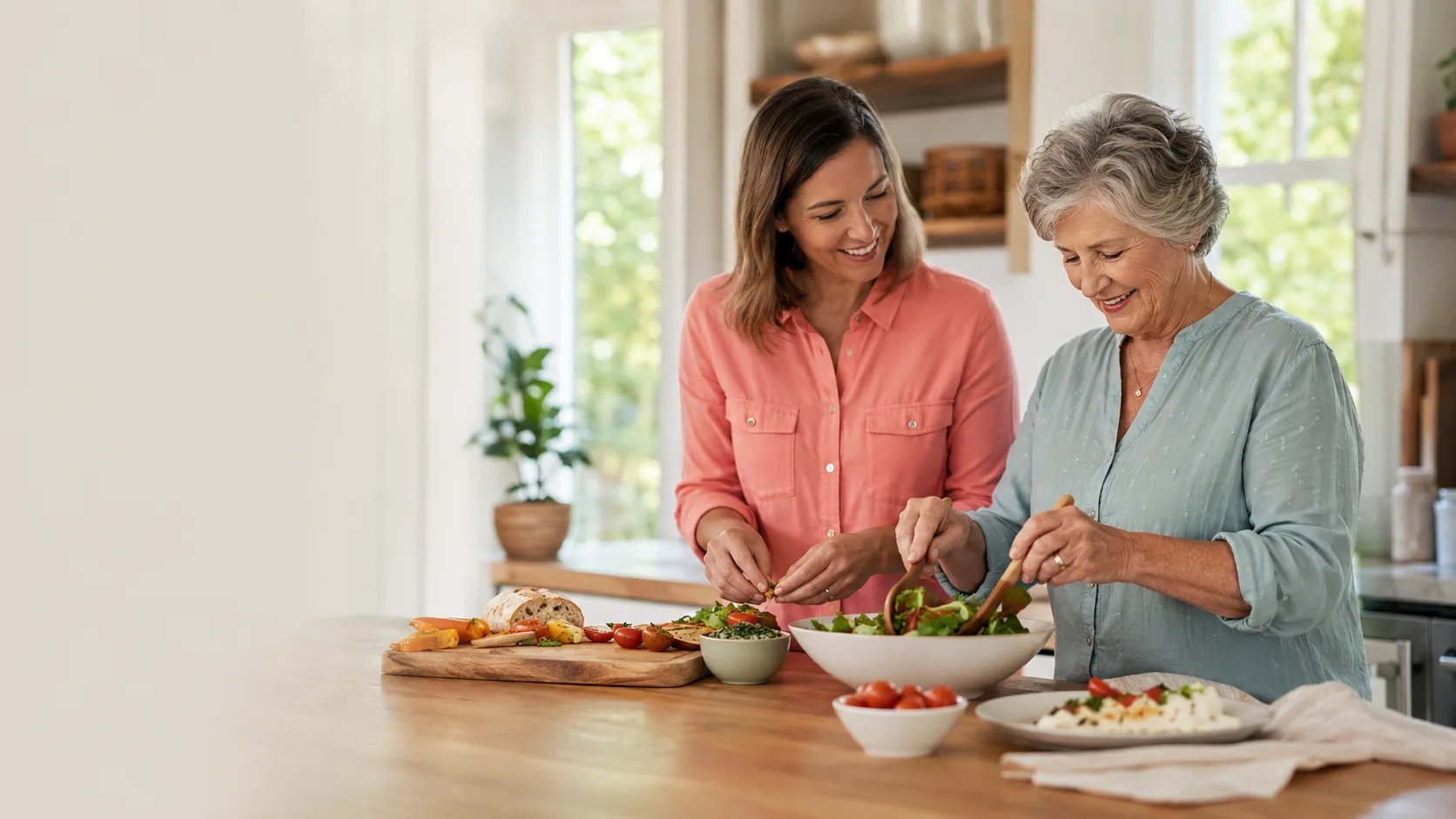 An older man and caregiver preparing a fresh meal together