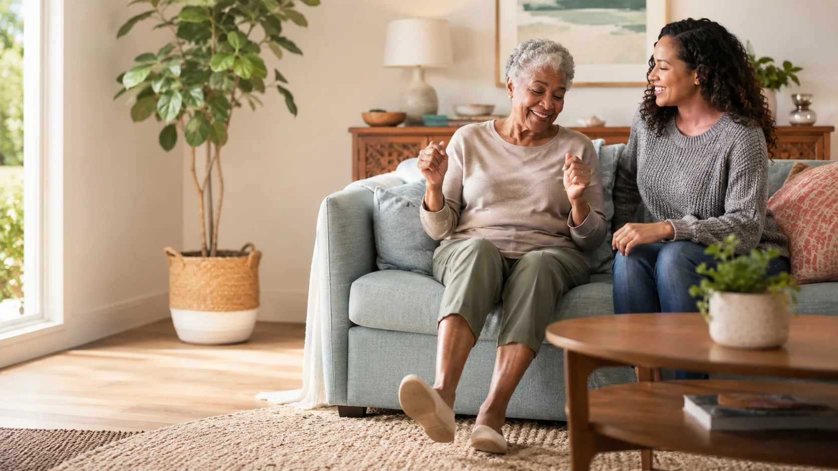 An older woman laughing with her caregiver in a bright home