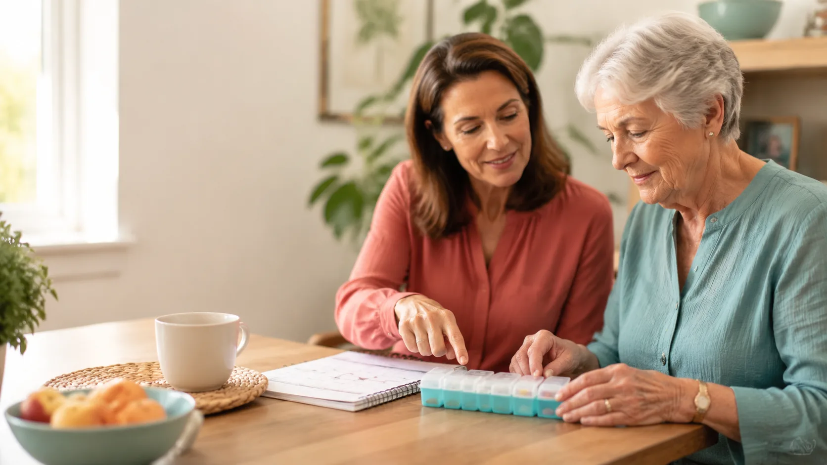 An older man reviewing his medication schedule with a caregiver