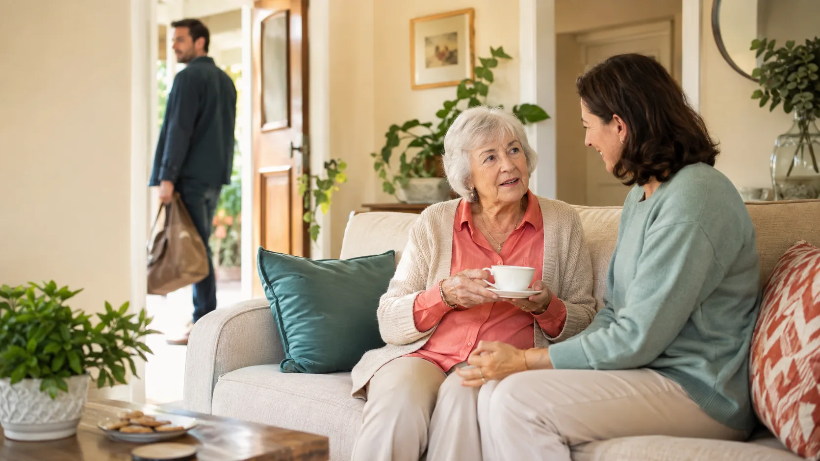 An older woman enjoying tea with a respite caregiver at home