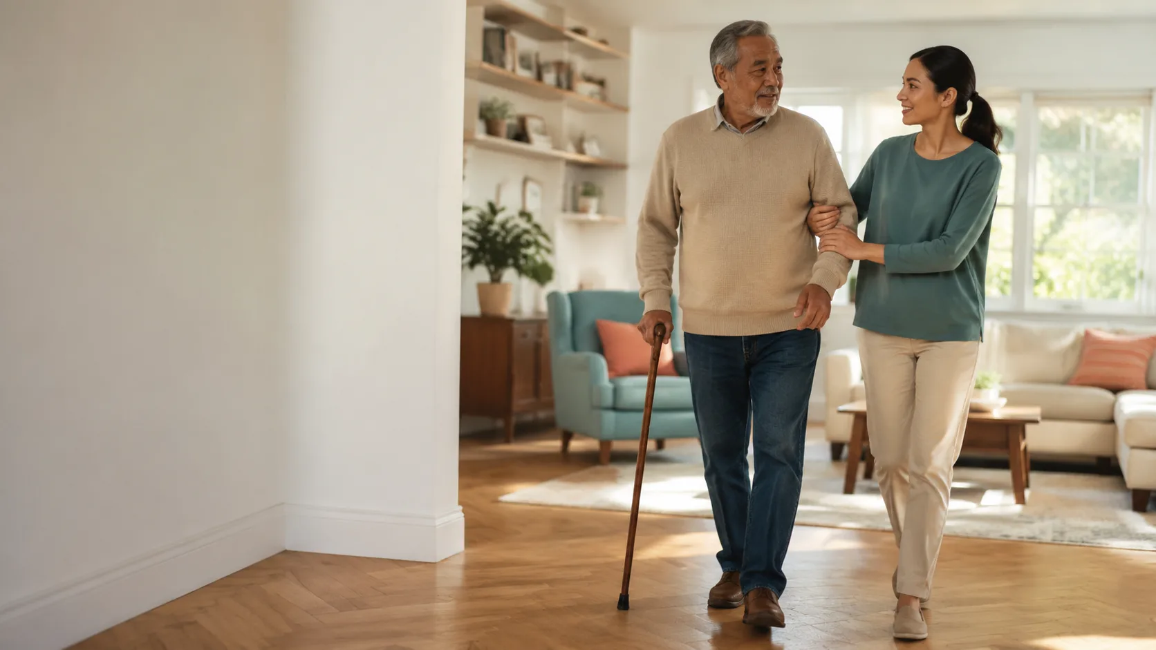 A caregiver supporting an older woman as she walks confidently at home